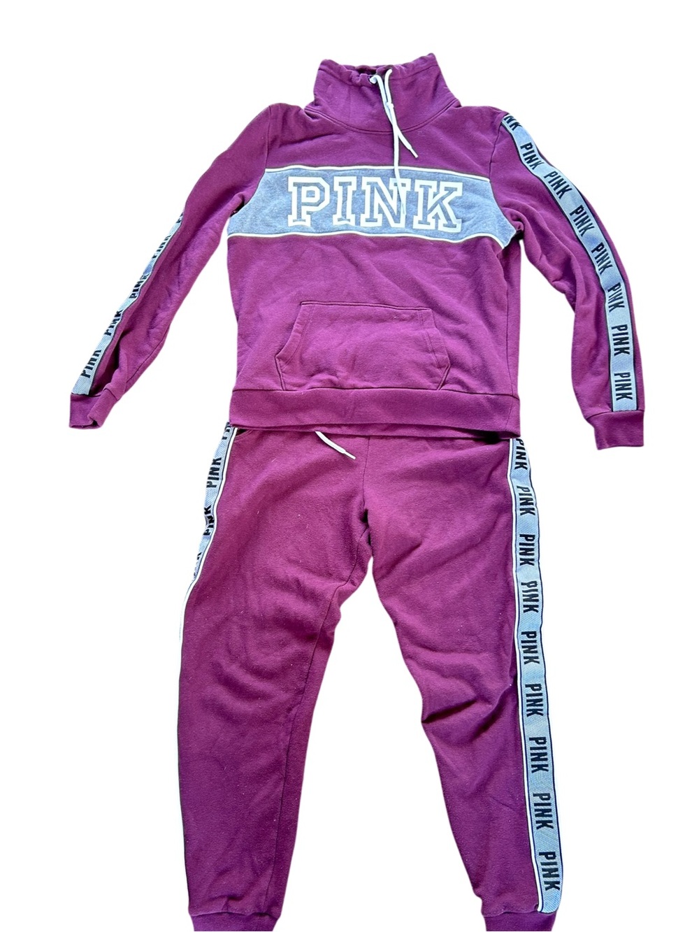 PINK Cowl Neck Sweatshirt Jogger Set M/L Maroon Grey Stripe